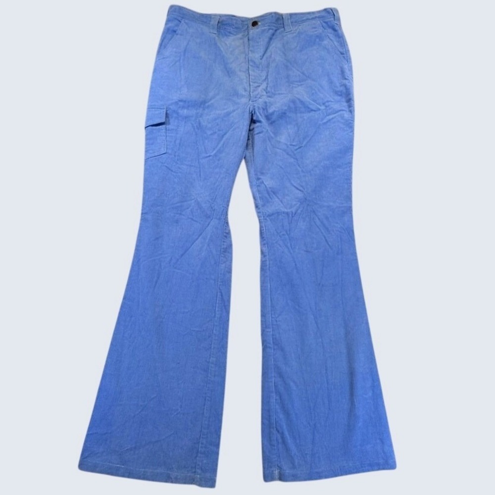 Vintage Kmart Blue Corduroy Flare Cargo Pants Mens 40x32 70s Retro Wide Leg NOS